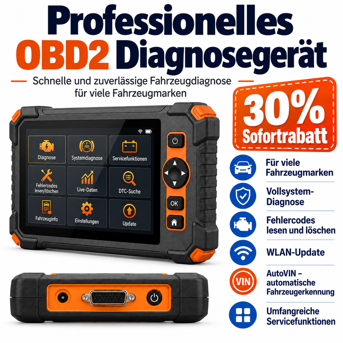 OBD2 Diagnosegerät mit bidirektionaler Steuerung für unterstützte Fahrzeuge
